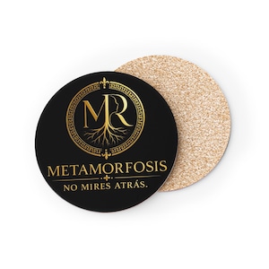 Metamorfosis logo coaster | Round cork coaster, No mires atrás emblem