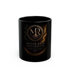 Woman Root Logo and Flame Design Mug | Black Ceramic Coffee Mug