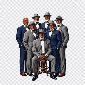 May include: A group of six men with gray beards and glasses wearing matching gray or navy blue suits, white shirts, bow ties, and fedora hats. One man is seated on a wooden stool while the others stand behind him in a formal arrangement.