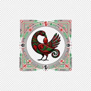 May include: A square graphic illustration featuring a stylized bird in red, green, and black. The bird holds an egg in its beak, surrounded by intricate geometric patterns and circular borders with Adinkra symbols in a symmetrical layout.