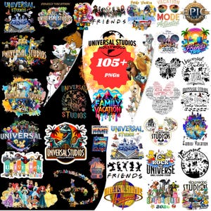 Op de afbeelding: Een verzameling kleurrijke PNG-afbeeldingen met verschillende Universal Studios- en Disney-personages en logo's. Bevat tekst zoals "Universal Studios Hollywood", "Family Vacation" en "Friends Trip".