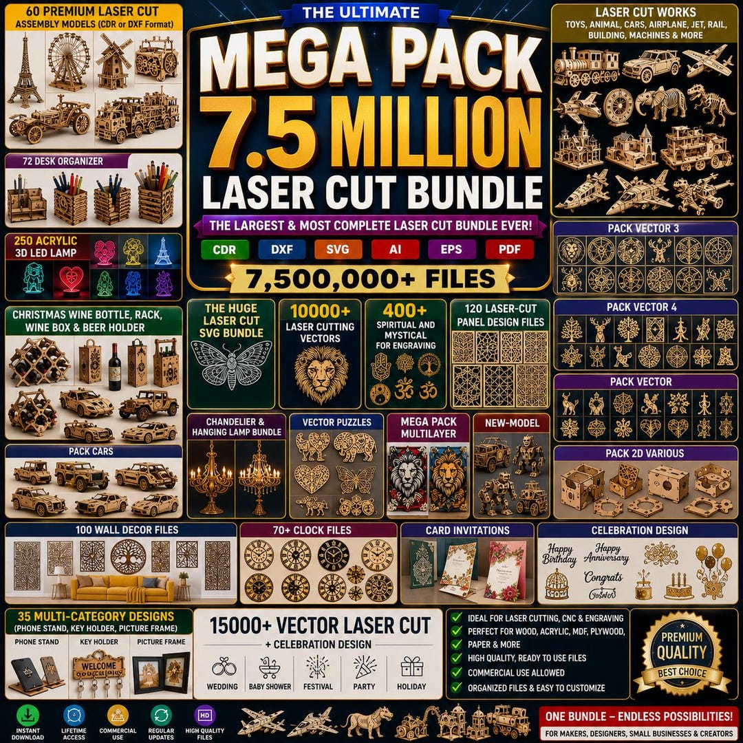 CNC Router Files Bundle 7.5 Million– Mega CNC Design Pack for Laser & Router Machines, Mul