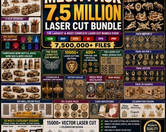Pode incluir: Um anúncio digital para um pacote de 7,5 milhões de arquivos de corte a laser com vetores para madeira, acrílico e MDF. A imagem mostra categorias que incluem modelos de montagem, organizadores, lâmpadas LED e decorações de parede.