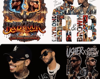 May include: A collection of promotional graphics featuring Chris Brown and Usher Raymond. The images include tour posters with the text "R&B Tour" and portraits of the artists. Other graphics include the text "R&B" and artist signatures.