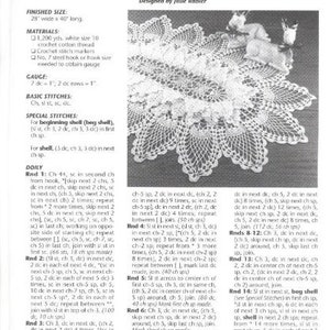 May include: A crochet pattern for an oval tiered doily, featuring a detailed diagram and instructions for creating the doily. The pattern includes a list of materials, gauge, basic stitches, and special stitches. The doily is designed to be 28 inches wide and 40 inches long.