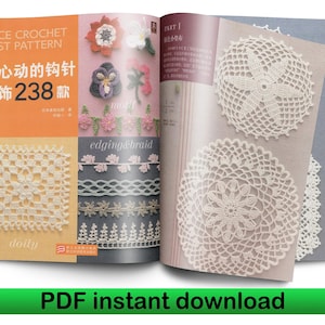 May include: An open book with a white background showcasing crochet patterns. The book is titled "Lace Crochet Best Pattern" and "最心动的钩针花饰238款". The book features a variety of crochet designs, including doilies, edging, and braids.