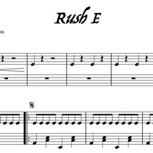Pode incluir: Partitura de "Rush E" de Andrew Wrangell, arranjada por Piano Alona. A m&uacute;sica &eacute; escrita em preto sobre fundo branco, com claves de sol e de f&aacute;, e notas musicais.