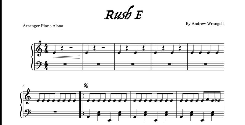Pode incluir: Partitura de "Rush E" de Andrew Wrangell, arranjada por Piano Alona. A m&uacute;sica &eacute; escrita em preto sobre fundo branco, com claves de sol e de f&aacute;, e notas musicais.