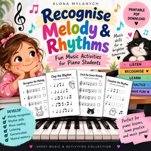 Op de afbeelding: Een digitaal muziekactiviteitenboek getiteld Recognise Melody & Rhythms door Alona Mylanych, met een getekend meisje, een zwart-witte kat en pianotoetsen. Het bevat werkbladen voor melodieherkenning, ritmeoefeningen en muzieknotatie.