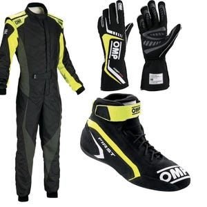 May include: A black and neon yellow OMP racing suit, a pair of black and neon yellow OMP racing gloves with white accents, and a single black and neon yellow OMP racing shoe with a high-top design, a hook-and-loop strap, and lace-up closure.