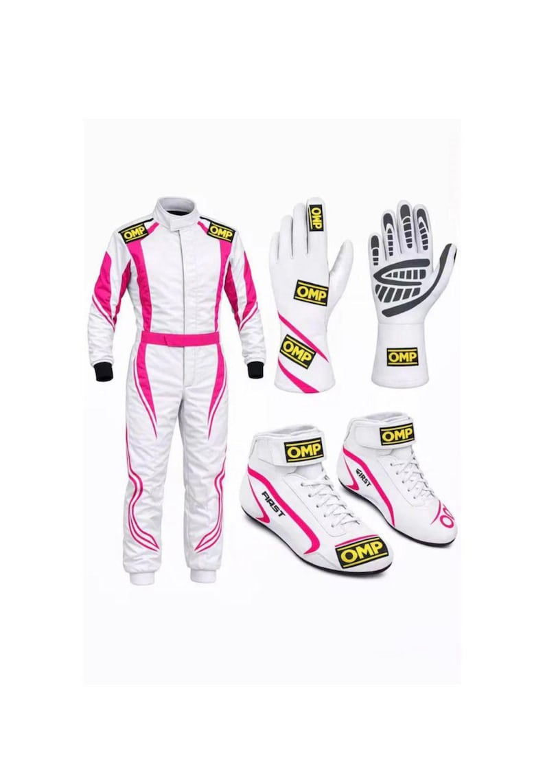 May include: A white racing suit with pink accents, a pair of white racing gloves with black and yellow OMP branding, and a pair of white racing shoes with pink details and yellow OMP logos. The suit features long sleeves and a high collar.