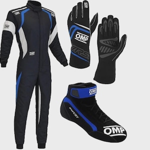 May include: A black racing suit with blue and white accents, a pair of black racing gloves with blue and white detailing, and a black racing shoe with blue trim and white OMP branding. Each item features the OMP logo in white text throughout.