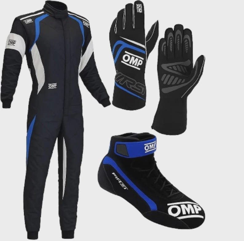 May include: A black racing suit with blue and white accents, a pair of black racing gloves with blue and white detailing, and a black racing shoe with blue trim and white OMP branding. Each item features the OMP logo in white text throughout.