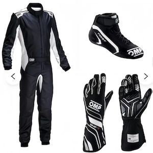 May include: A black and white OMP racing suit, a high-top racing shoe with the text FIRST, and a pair of black and white racing gloves with the text OMP and ONE-S. The racing suit features a high collar, long sleeves, and a full-length zipper closure.