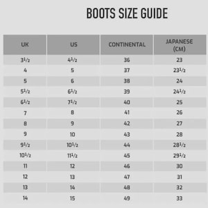 May include: A boots size guide chart with the heading BOOTS SIZE GUIDE. The table displays four columns labeled UK, US, CONTINENTAL, and JAPANESE (CM), listing corresponding numerical shoe sizes ranging from 3.5 to 14 in UK and 4.5 to 15 in US.