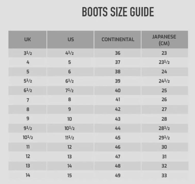May include: A boots size guide chart with the heading BOOTS SIZE GUIDE. The table displays four columns labeled UK, US, CONTINENTAL, and JAPANESE (CM), listing corresponding numerical shoe sizes ranging from 3.5 to 14 in UK and 4.5 to 15 in US.