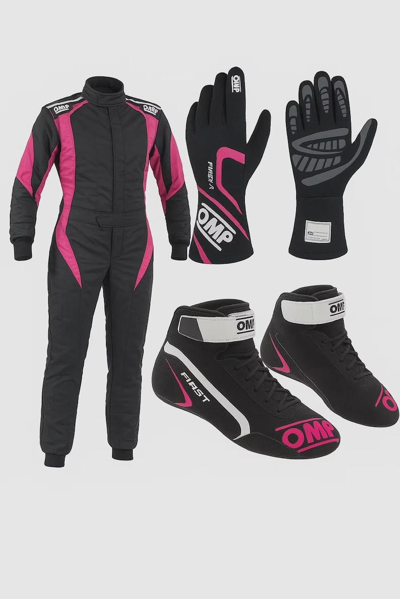 May include: A black and pink racing suit, a pair of black and pink racing gloves with OMP branding, and a pair of black and pink racing shoes with white straps and OMP logos. The suit features long sleeves and a high collar, while the gloves and shoes display the text FIRST and OMP.