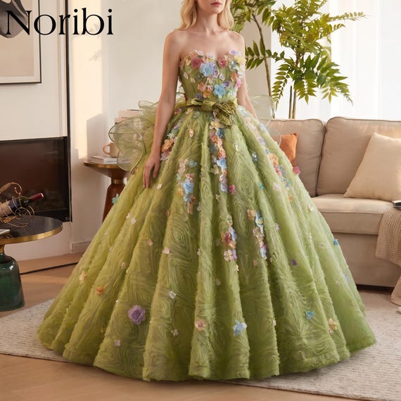 green fairycore dress Sage Ball Gown, Floral Princess Prom with 3D Flowers Long Bridesmaid dress