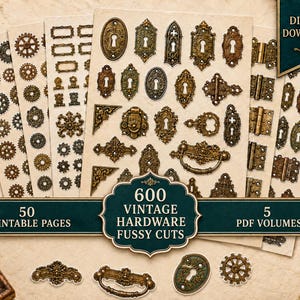 Puede incluir: Una colección de 600 recortes de herrajes antiguos impresos en 50 páginas en 5 volúmenes PDF. Las imágenes muestran varias bocallaves, engranajes, bisagras, tiradores de cajón y esquinas decorativas en tonos latón y metal sobre fondo claro.