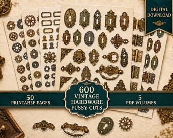 Vintage Hardware Fussy Cuts Bundle, 600 druckbare Junk-Journal-Elemente, 50-seitiger digitaler Download