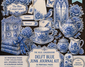 Delft Blue Junk Journal Kit: 50 Printable Pages, Vintage Floral Ephemera, Fussy Cuts & Scrapbook Papers