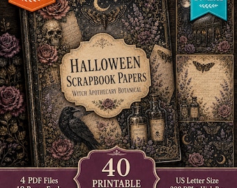 Halloween Scrapbook Paper Pack, Witch Apothecary Botanical Digital Papers, Vintage Junk Journal Backgrounds, 40 Pages