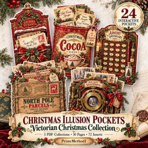 Christmas Illusion Pockets for Junk Journals | 24 Interactive Victorian Pockets + 72 Inserts | Printable Ephemera