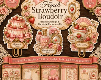Strawberry Junk Journal Kit Printable, French Coquette Hidden Paperclips and Ephemera, 50 Pages
