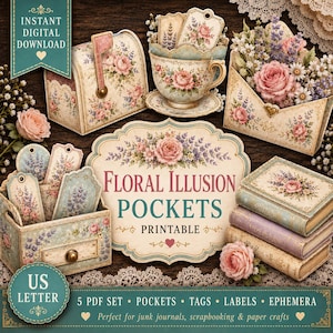 May include: A digital printable set featuring floral-themed paper crafts including a mailbox, teacup, envelope, tags, and books. The items are decorated with pink roses and lavender sprigs. Text includes "Floral Illusion Pockets" and "US Letter".