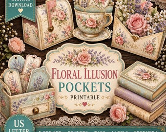 Vintage Floral Junk Journal Kit, Illusion Pockets & Ephemera, 50 Printable Pages, Cottagecore Digital Download