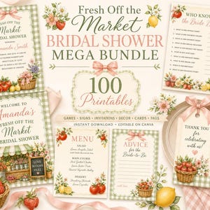 Puede incluir: Un paquete de imprimibles para despedida de soltera con borde de cuadros vichy verde, lazos rosas e ilustraciones de fresas, tomates y limones. El texto incluye Fresh Off the Market Bridal Shower Mega Bundle, 100 Printables, además de invitaciones, menús y juegos.