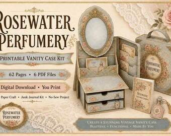Printable Junk Journal Topper Kit: Interactive Victorian Perfumery Vanity Case with Drawers & Mirror