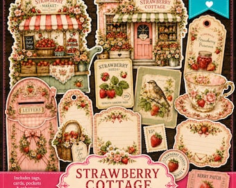 Strawberry Cottage Junk Journal Kit: 50 Printable Ephemera Pages, Pockets, Tags, Fussy Cuts, 5 PDF Instant Download