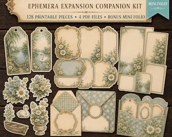 Printable Junk Journal Ephemera Kit: 38-Page Vintage Botanical Cottagecore Fussy Cuts, Tags, Cards & Folio
