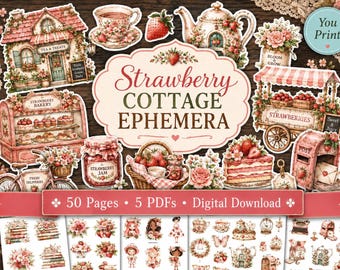 Strawberry Junk Journal Kit: 50-Page Vintage Cottagecore Ephemera, Fussy Cuts & Scrapbook Printables