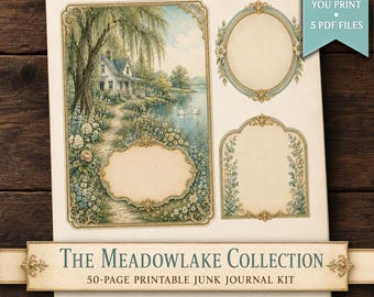 Printable Junk Journal Kit: 50-Page Vintage Botanical Cottagecore Ephemera with Pockets, Tags and Foldables