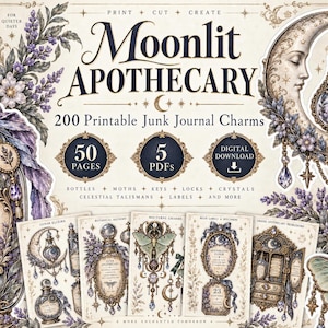 Puede incluir: Una colección digital de 200 dijes imprimibles para junk journal titulada Moonlit Apothecary. El set incluye 50 páginas en 5 archivos PDF con ilustraciones de botellas con lavanda, polillas, llaves, candados, cristales y talismanes.