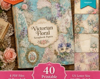 Viktorianisches Blumen-Scrapbook-Papier, 40 druckbare Junk-Journal-Seiten, Vintage-Rose & Lavendel Shabby Chic (Digitaler Download)