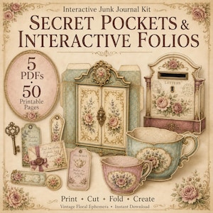Puede incluir: Un kit de diario interactivo con 5 PDF y 50 páginas imprimibles. El diseño incluye efímeros florales vintage, un armario decorativo, un buzón, dos tazas de té, una llave y etiquetas con el texto Secret Pockets & Interactive Folios.