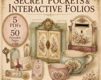 Interactive Junk Journal Kit, Secret Pockets & Hidden Folios, 50 Printable Pages, Vintage Floral Ephemera, Digital Download