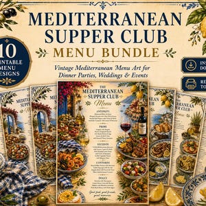 Puede incluir: Un conjunto de diseños de menú imprimibles para el Mediterranean Supper Club. Los menús de estilo vintage presentan ilustraciones de comida italiana, limones, aceitunas y vino. El paquete incluye 10 diseños de menú imprimibles, ideales para cenas y eventos.