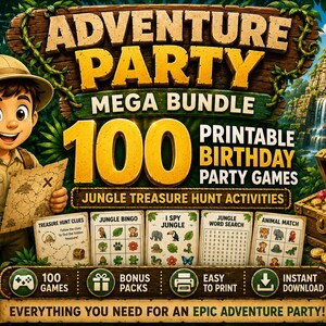 Puede incluir: Un gráfico digital para un Adventure Party Mega Bundle con un explorador de dibujos animados que sostiene una brújula y un mapa, un templo en la selva y un cofre del tesoro. El texto incluye 100 Printable Birthday Party Games.