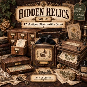 Puede incluir: Una colección de cajas de almacenamiento y objetos de archivo de estilo vintage etiquetados como Hidden Relics Vol. 01, 12 Antique Objects with a Secret. Incluye un archivador de madera, una caja de archivo musical con vinilos y un herbario.