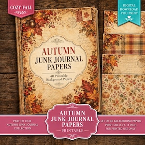Puede incluir: Una colección de 40 papeles imprimibles para junk journal con temas otoñales que incluyen hojas, bayas, calabazas y patrones de cuadros. Los papeles incluyen escritura estilo vintage, sellos postales y el texto Autumn Junk Journal Papers.