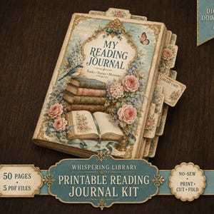 Peut inclure: Un kit de journal de lecture imprimable intitulé My Reading Journal avec une illustration florale et de livres sur la couverture. Le kit comprend 50 pages en 5 fichiers PDF, avec une bannière de téléchargement, des fiches de bibliothèque et des onglets.