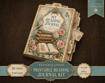 Druckbares Lesetagebuch-Set, 50-seitiger, nähfreier Buchtracker mit Vintage-Bibliotheksmaterialien, digitaler Download