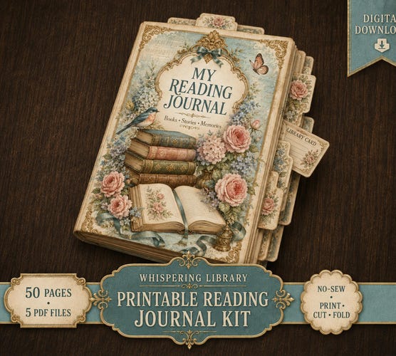 Printable Reading Journal Kit — 50-Page No-Sew Book Tracker with Vintage Library Ephemera