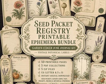 Saatgutpäckchen-Register, druckbares Ephemera-Set, Garten-Tagebuch-Set, Vintage-Etiketten für botanische Motive
