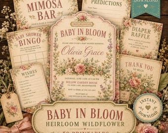 Babyparty-Set „Baby in Bloom“: Vintage-Wildblumen-Druckvorlagen, florale Spiele, Schilder, Einladungen – sofort zum Download verfügbar