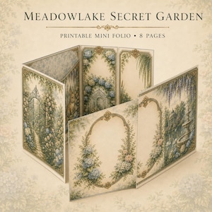 Puede incluir: Un mini folio imprimible titulado Meadowlake Secret Garden con 8 páginas. El folio presenta ilustraciones detalladas de puertas de jardín, fuentes de piedra, cisnes y arreglos florales en tonos suaves de azul, verde y crema con marcos dorados.